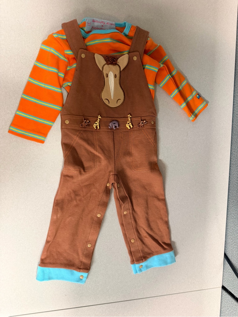 Kids Brown Horse Applique Overalls with Orange Stripe Shirt - Picture 1 of 7